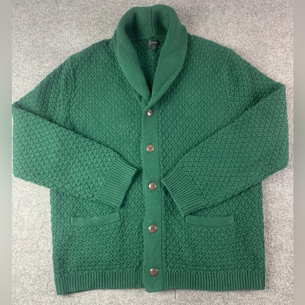 J Crew Mens 100% Cotton Shawl Collar Heavy Cardigan Sweater Size L Green